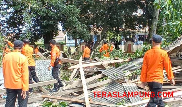 Petugas BPBD Lampung Utara sedang merapihkan pohon tumbang yang menimpa satu los di Pasar Sentral Kotabumi, Senin (13/12/2021).